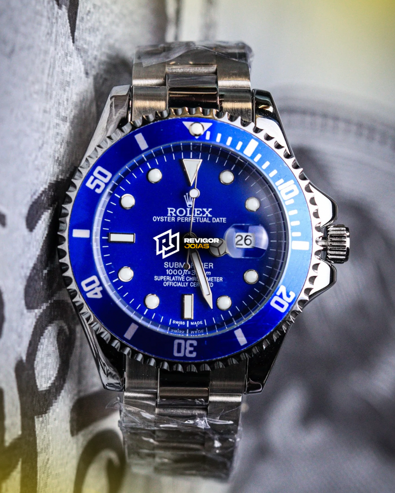 1ª Linha Submariner - Pulseira Oyster de Aço cor prata com Fundo azul