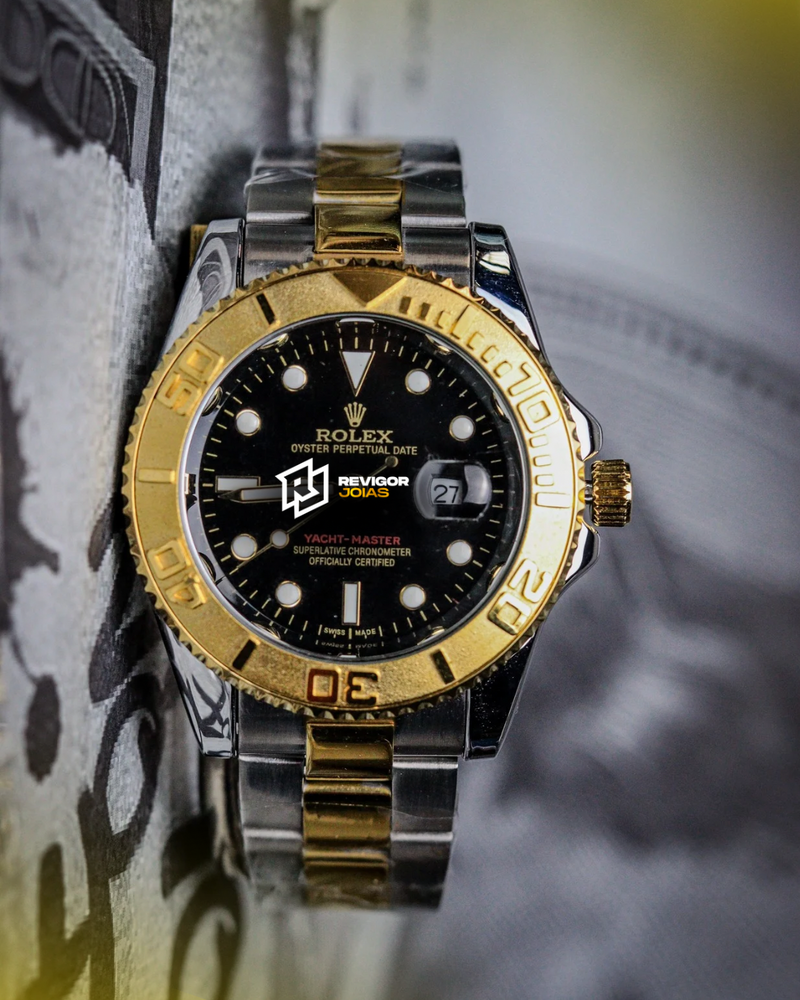 1ª Linha - Yacht Master  Pulseira Oyster de Aço Dourado e prata com Fundo preto