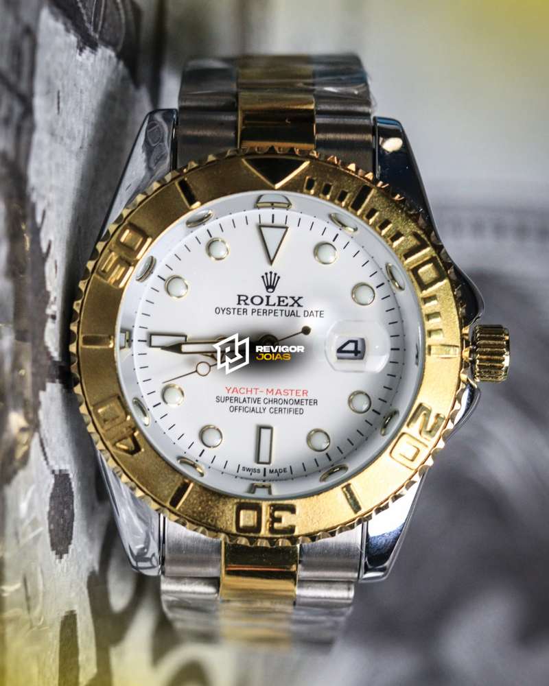 1ª Linha - Yacht Master  Pulseira Oyster de Aço Dourado e prata com Fundo preto