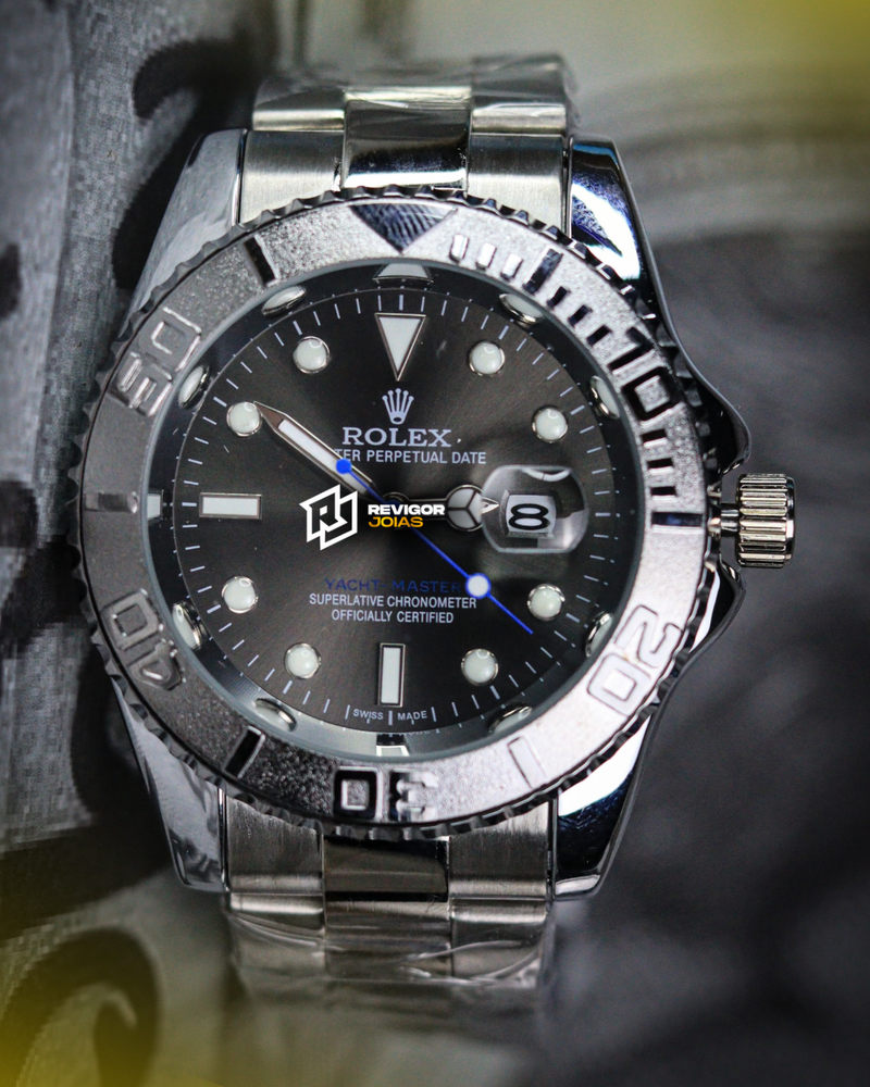 1ª Linha - Yacht Master  Pulseira Oyster de Aço  prata com Fundo cinza