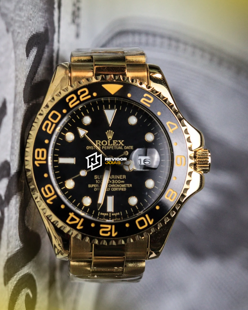 1ª Linha Submariner - Pulseira Oyster de Aço Dourado