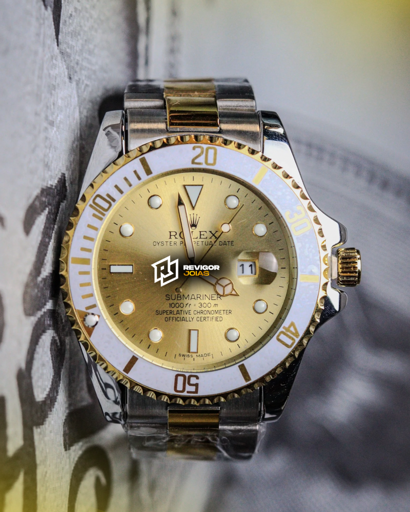 1ª Linha Submariner - Pulseira Oyster de Aço Dourado e prata com Fundo dourado