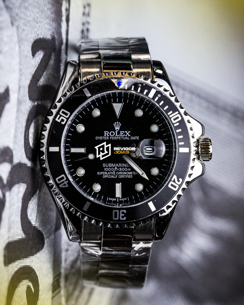 1ª Linha Submariner - Pulseira Oyster de Aço com Fundo Preto